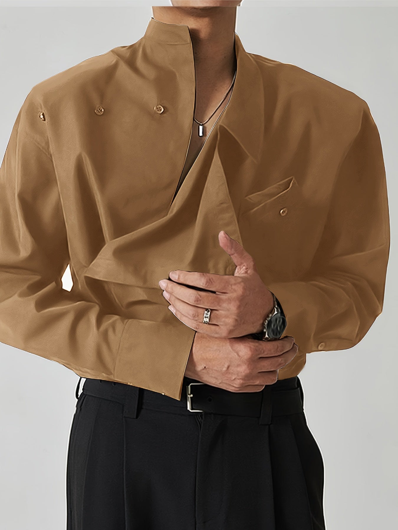 Men's Vintage Solid Color Polyester Shirt with Asymmetrical Lapel Collar and Drop Shoulder for Spring Fall Outings