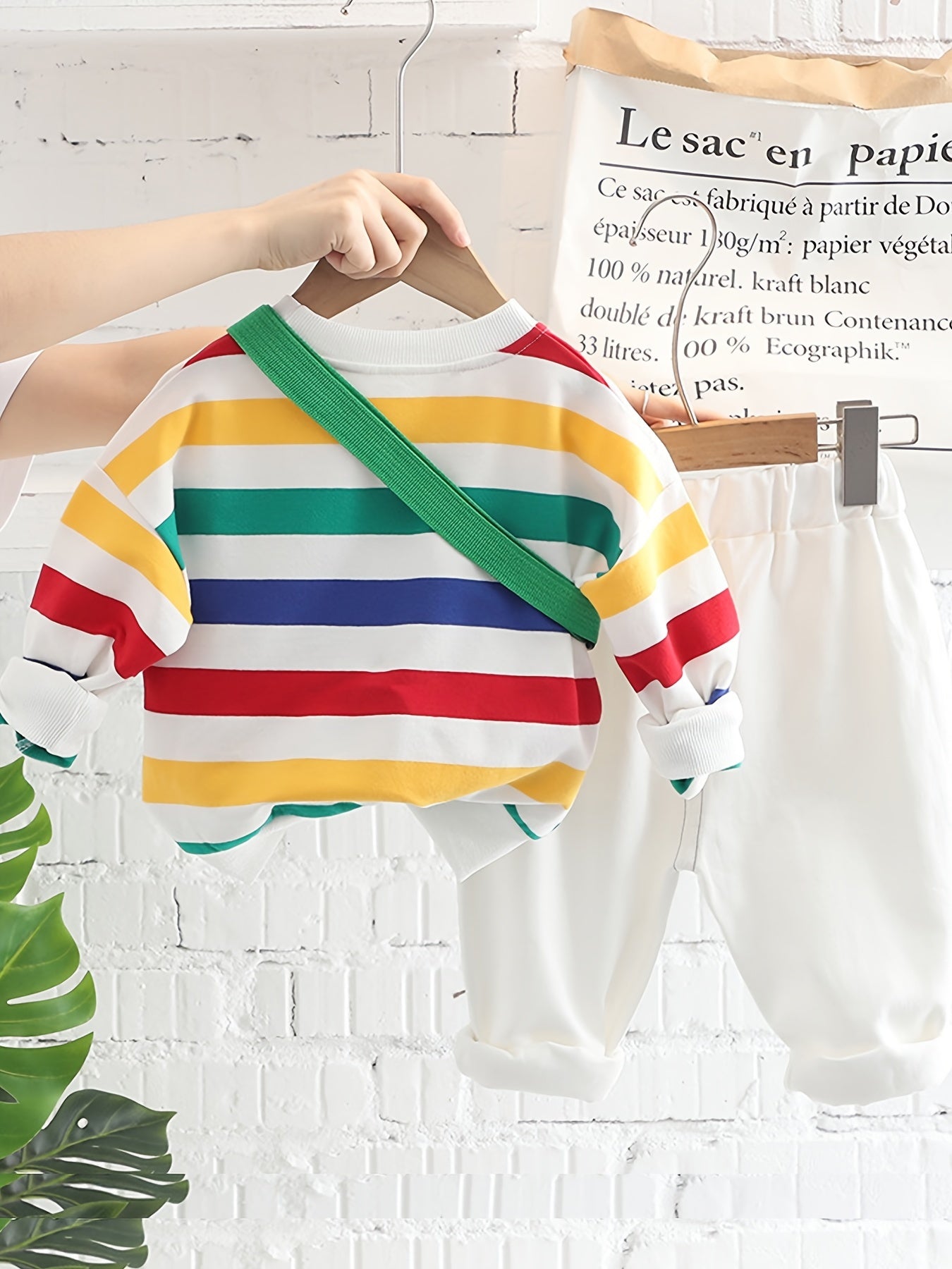 Kids' Autumn 2-Piece Outfit Set with Colorful Striped Long Sleeve Top and Green Dinosaur Jeans for Boys and Girls