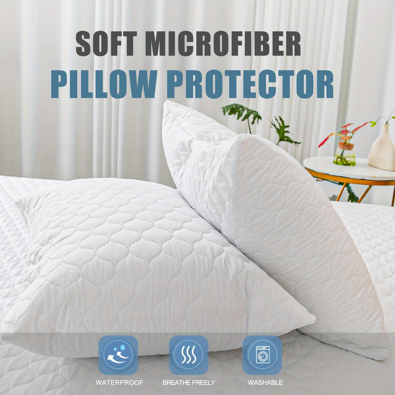 2-Pack Hypoallergenic Waterproof Breathable Pillow Protectors Soft Polyester