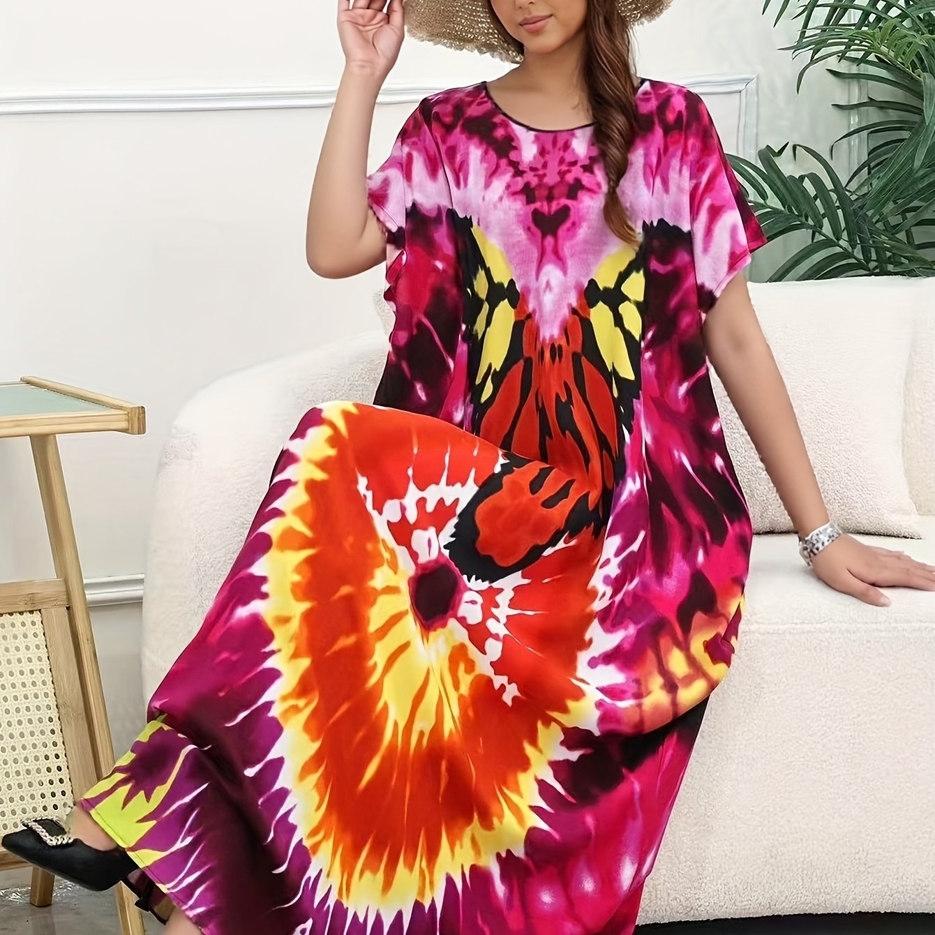 Plus o'lcham ayollar uchun tie-dye plyaj kiyimlari uzun tunik va gul naqshlari