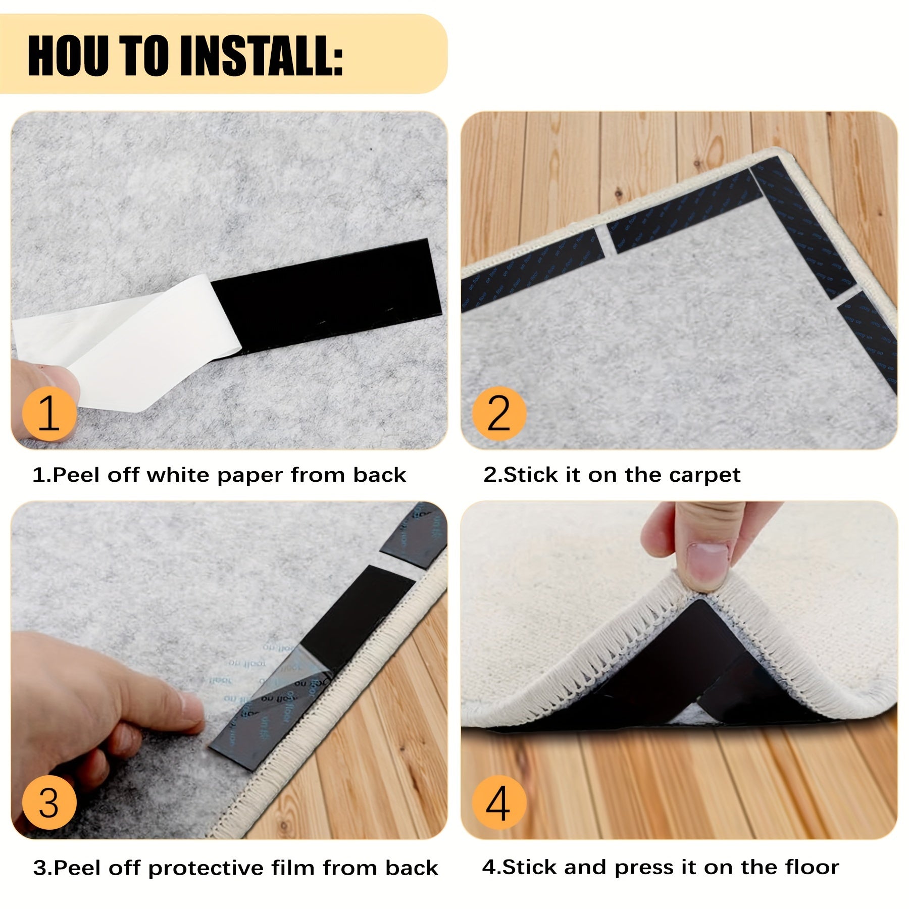 16 Pieces Rug Tape Double-Sided Adhesive Non-Slip Carpet Pads for Hardwood and Tile Floors