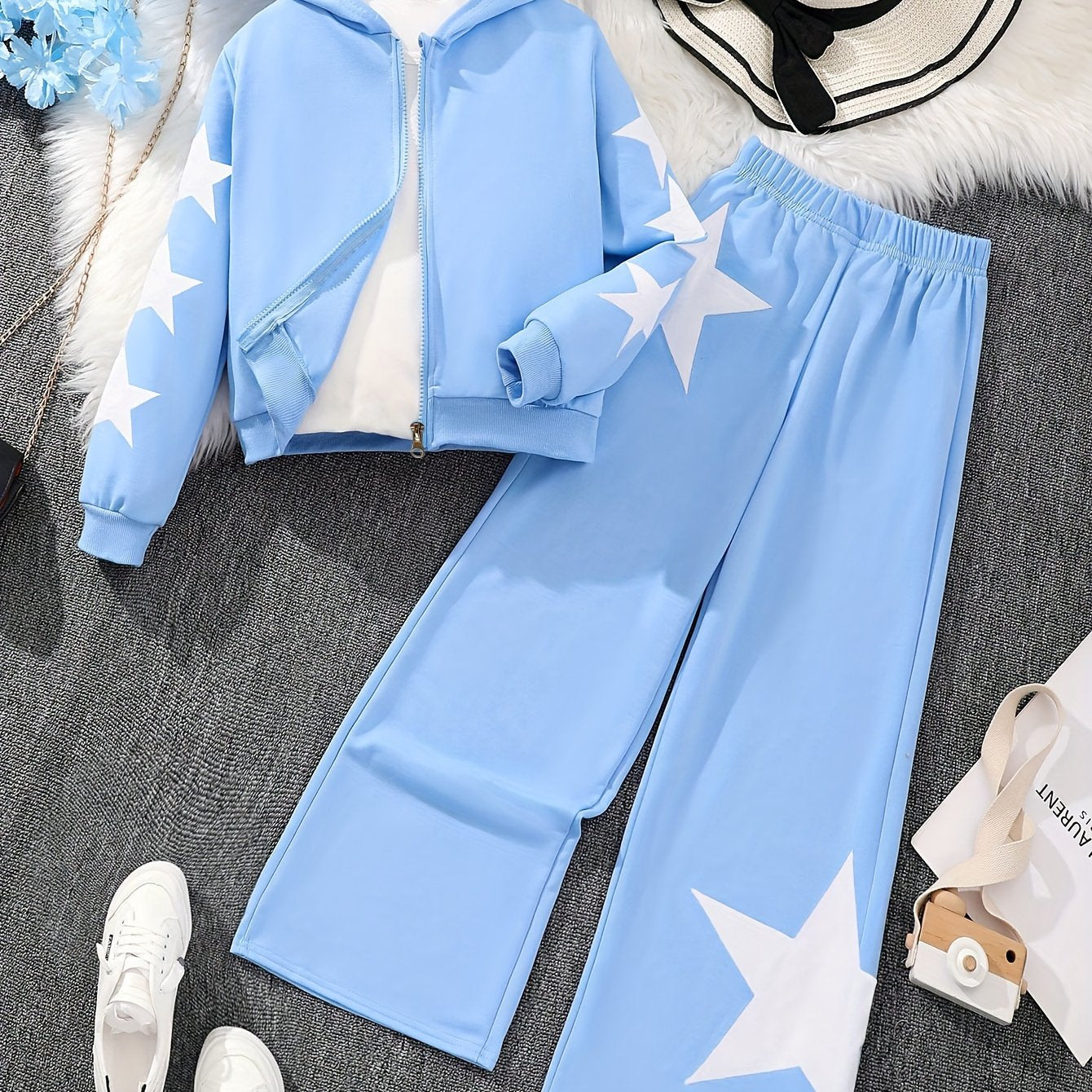 Girls Polyester Star Pattern Hoodie and Pants Set Long Sleeve Casual Fall Winter