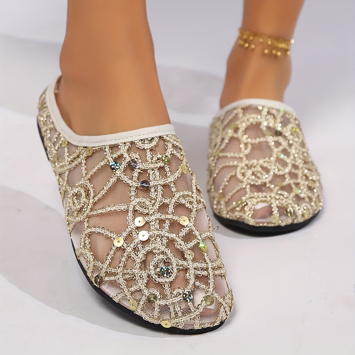 Women Golden Embroidered Flat Sandals All-Season Slip-On for Party and Casual
