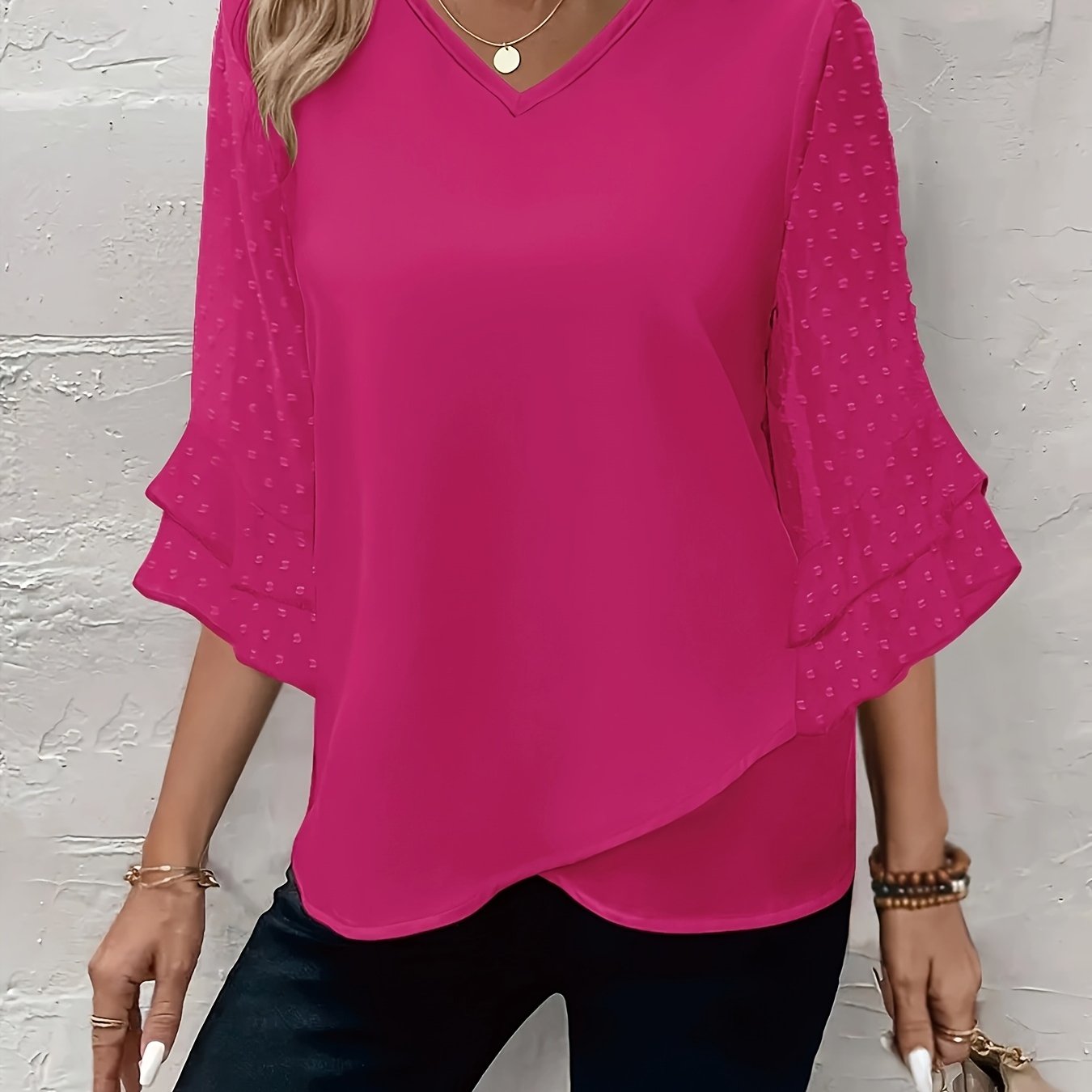Plus Size Women's V-Neck Blouse with Ruffle Sleeves Solid Color Lightweight Polyester