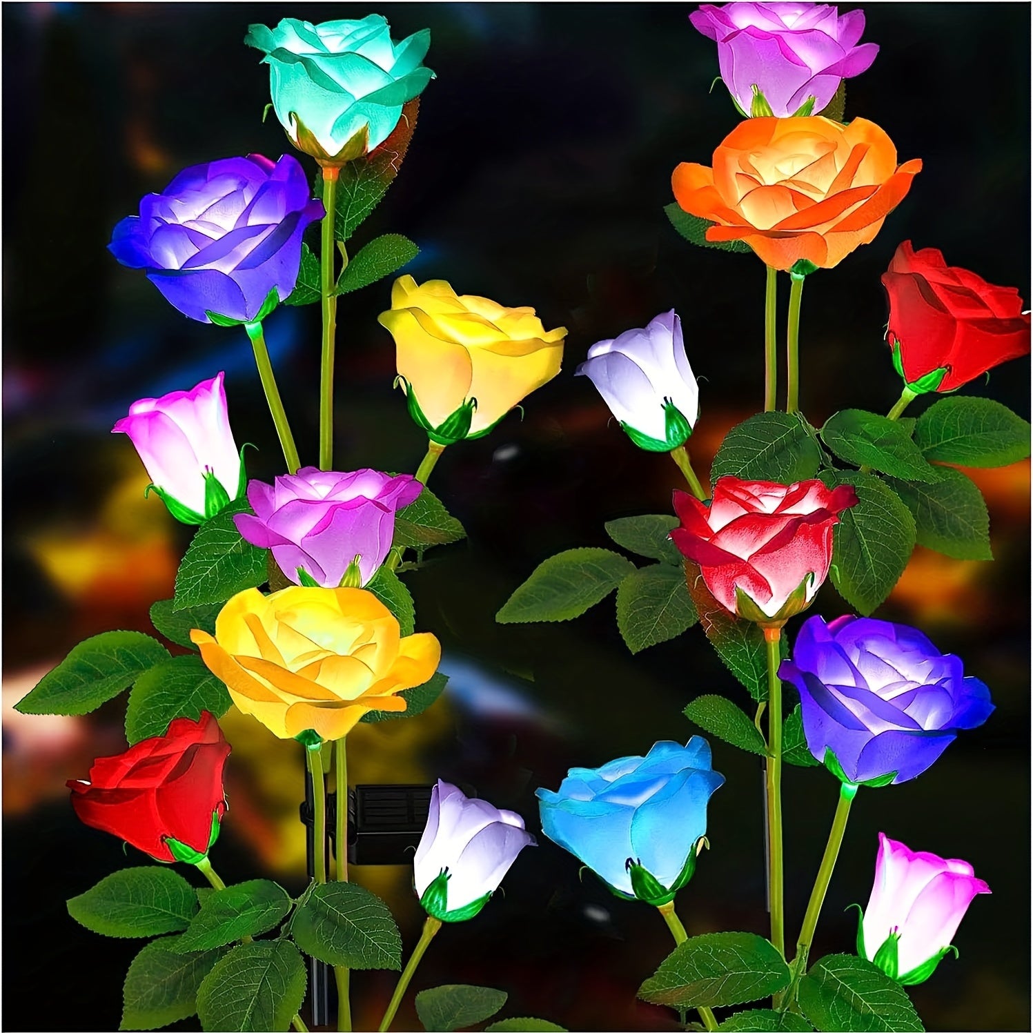 Outdoor Solar Garden Lights 7-Color Changing Rose Set of 4 with Magnified Solar Panels