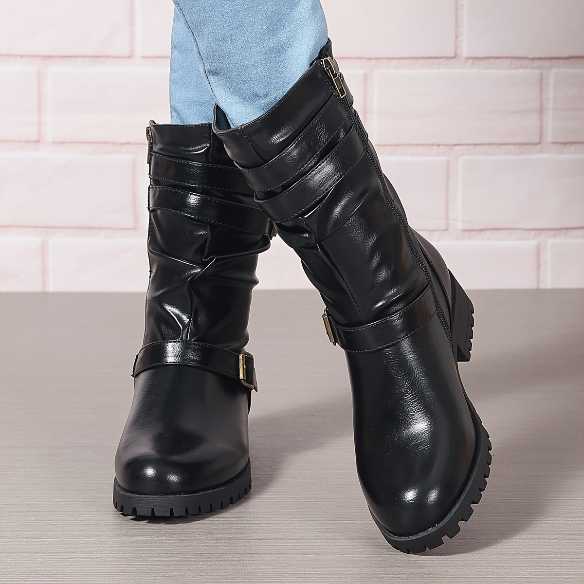 Women's Solid Color Chunky Heel Boots with Side Zipper Mid Calf Boots
