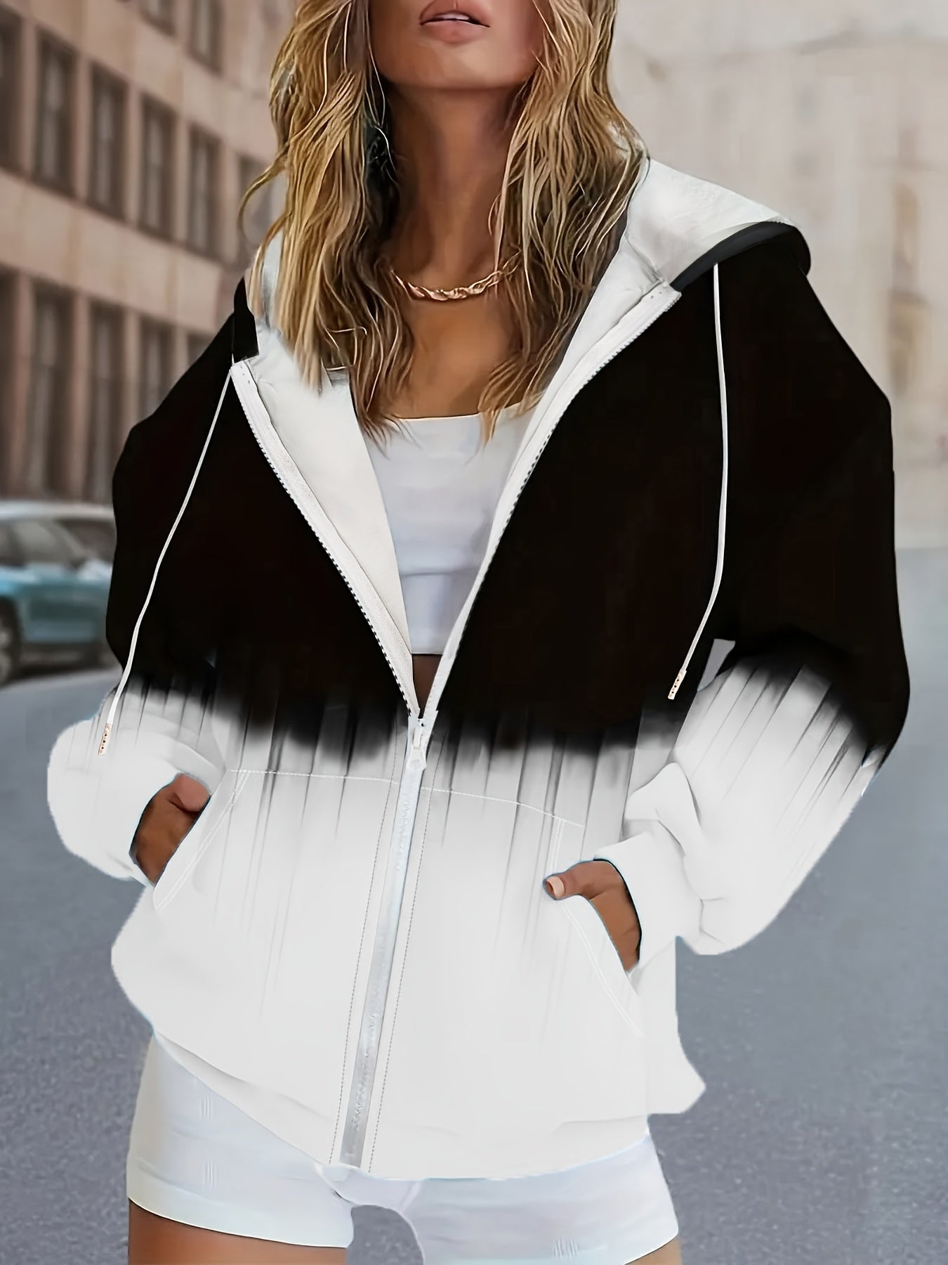 Women's Plus Size Hoodie Zip-Up Jacket Black to White Ombre Outerwear
