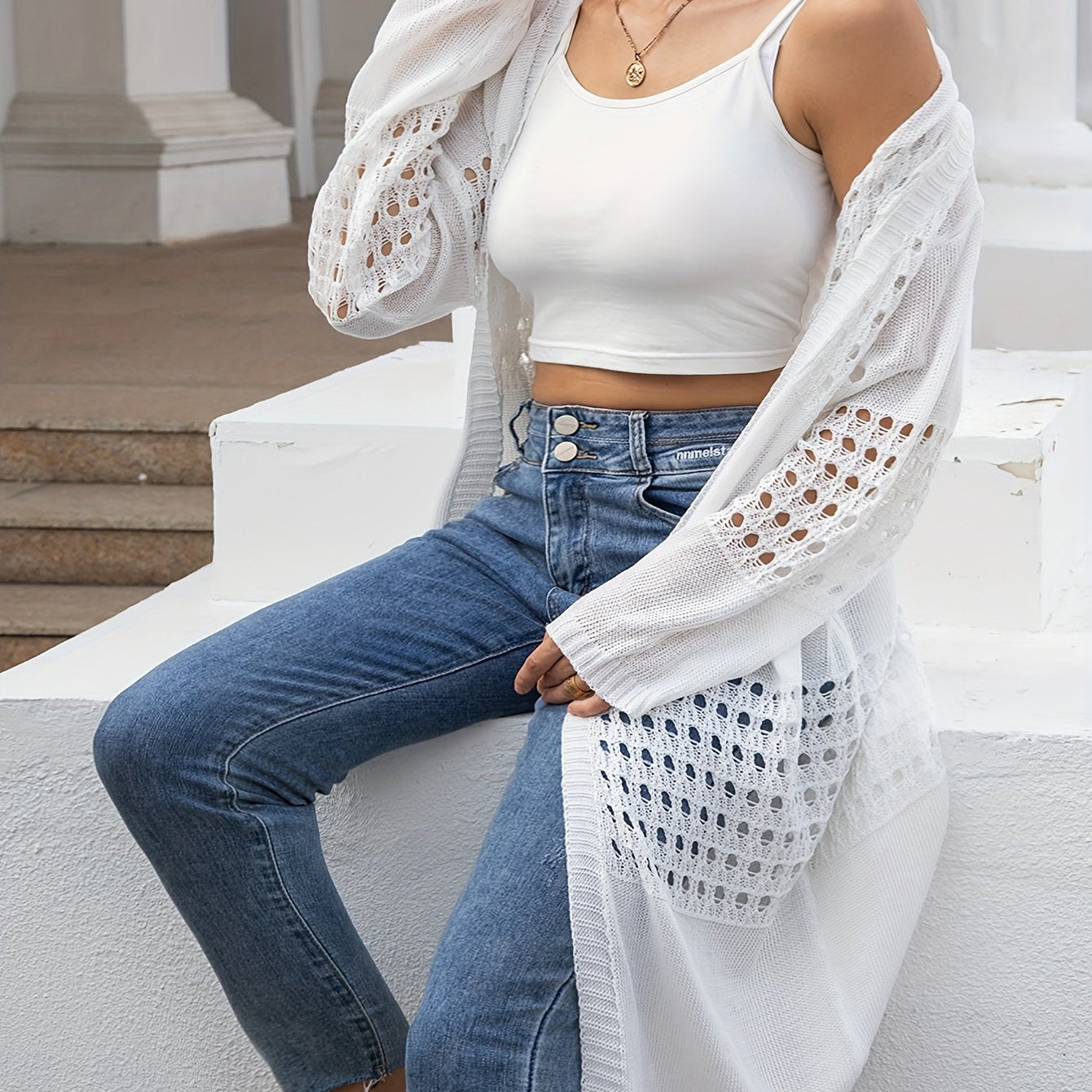 Cárdigan de punto para mujer talla grande con manga larga, abertura frontal y bordado, estilo flyaway