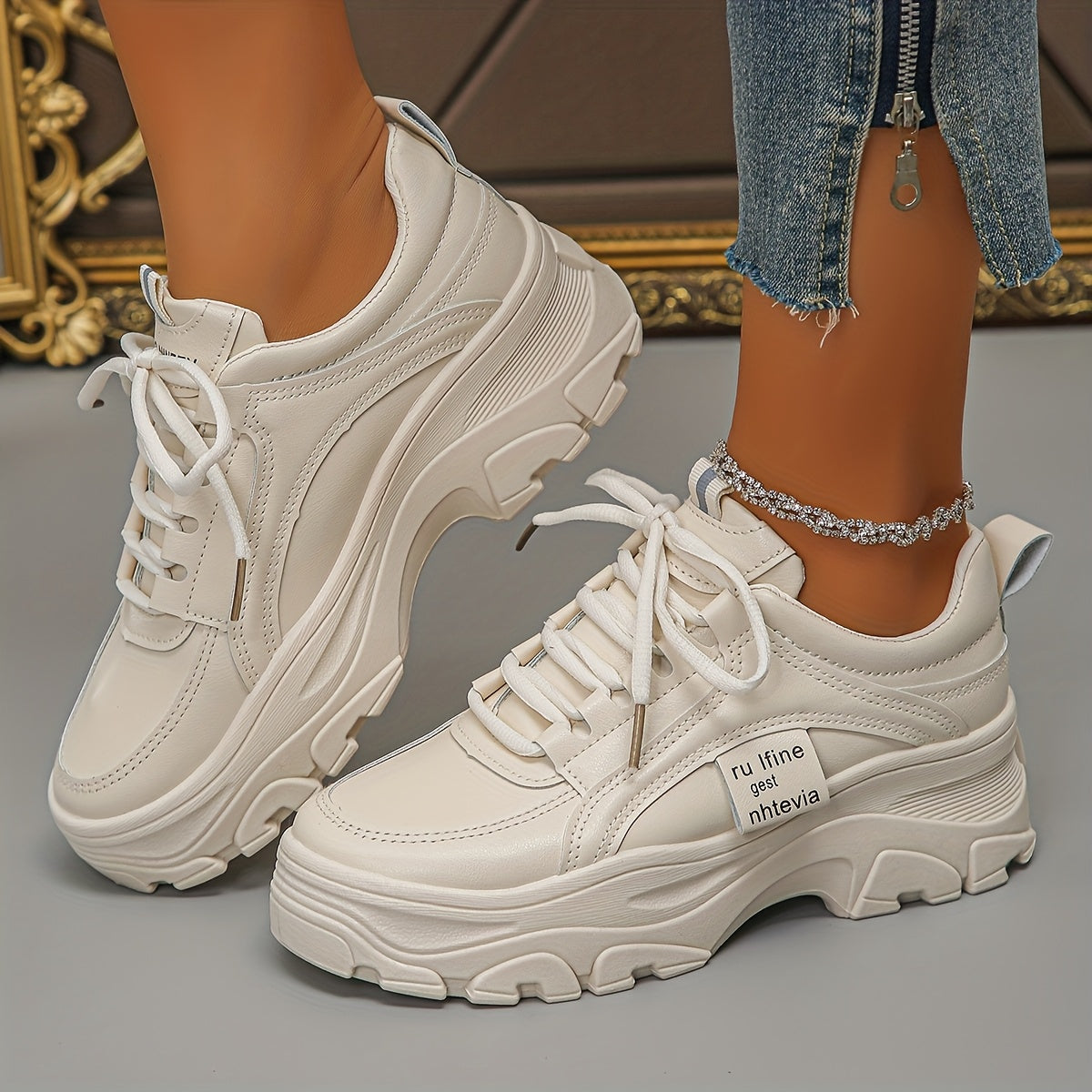 Women's White Casual Sneakers With Thick Sole and Rubber Outsole