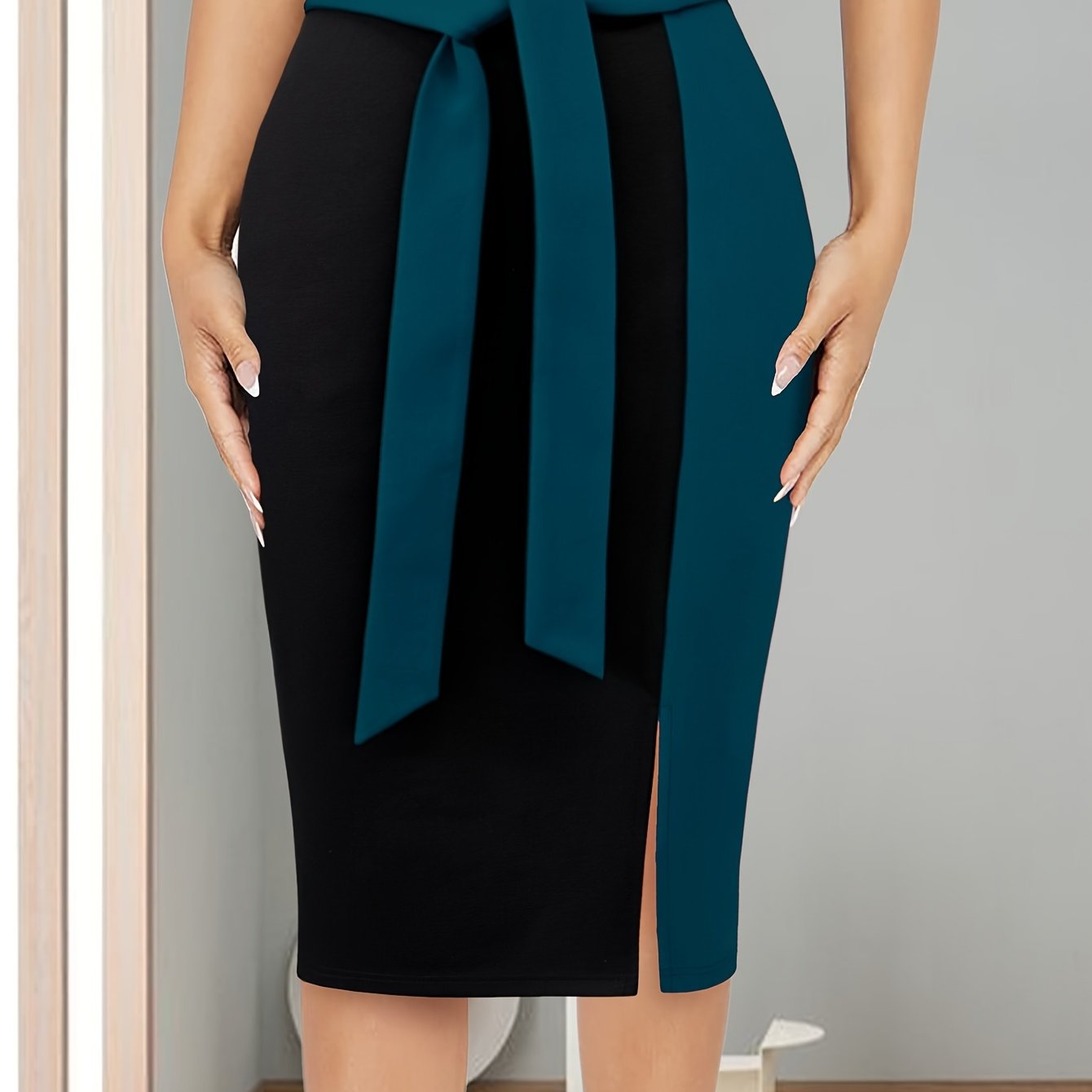 Women's Midi Skirt with Color Block Tie-Waist Rayon Blend for Office or Casual Spring Summer
