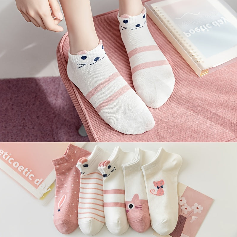5 Pairs Pink Cartoon Cat Ankle Socks for Women Breathable No-Show Summer