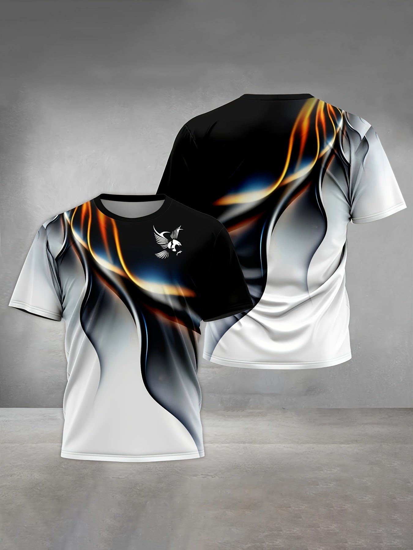 Erkaklar uchun zamonaviy va qulay bosma T-ko'ylak, 100% poliester to'qima matosidan tayyorlangan, ozgina cho'ziluvchan va odatdagi kesimda.