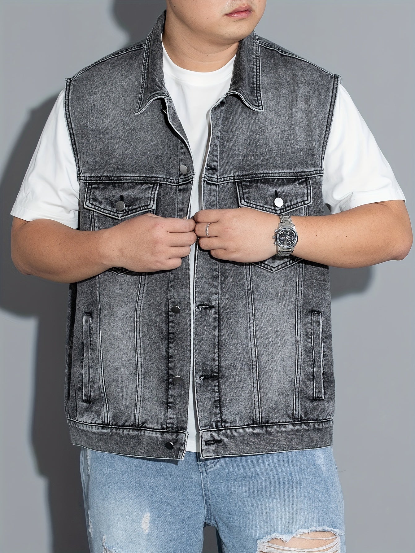 Men's Sleeveless Denim Vest with Flap Pockets Button Closure Lapel Collar Plus Size Casual Spring Summer Fall