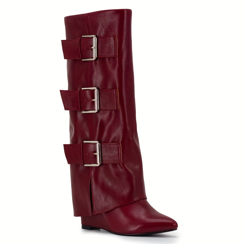 Women's Black Knee-High Boots with Buckle Straps Pointed Toe Wedge Heel