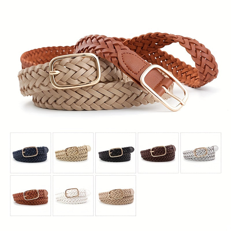 Women’s Woven Leather Belt Square Buckle for Coats and Jeans