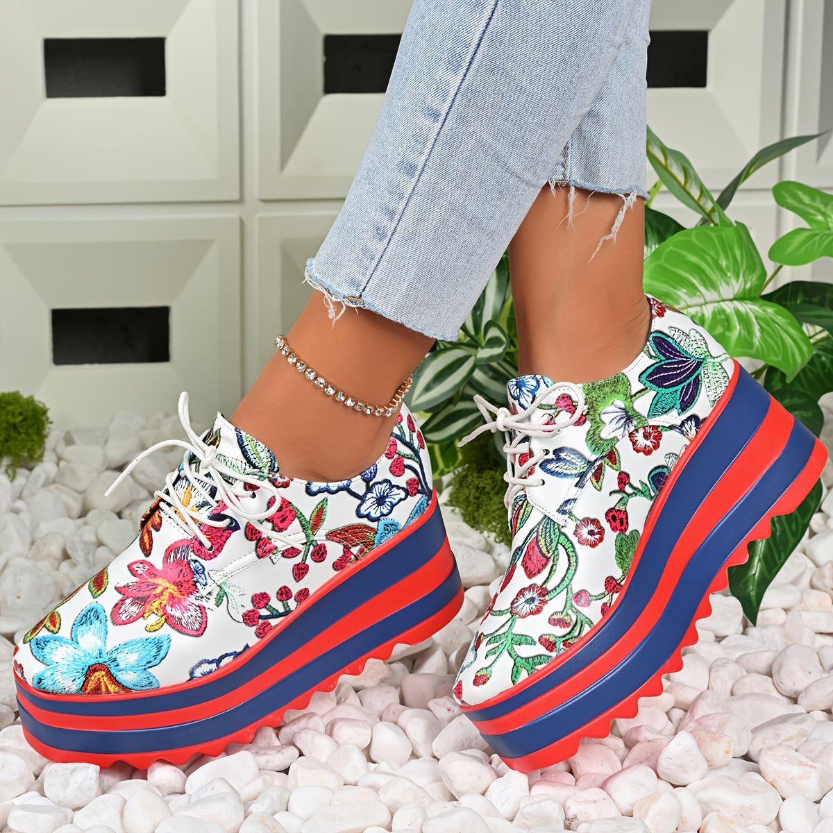 Women's Floral Lace-Up Shoes Synthetic Cover Thick Platform Sole All-Season Comfortable