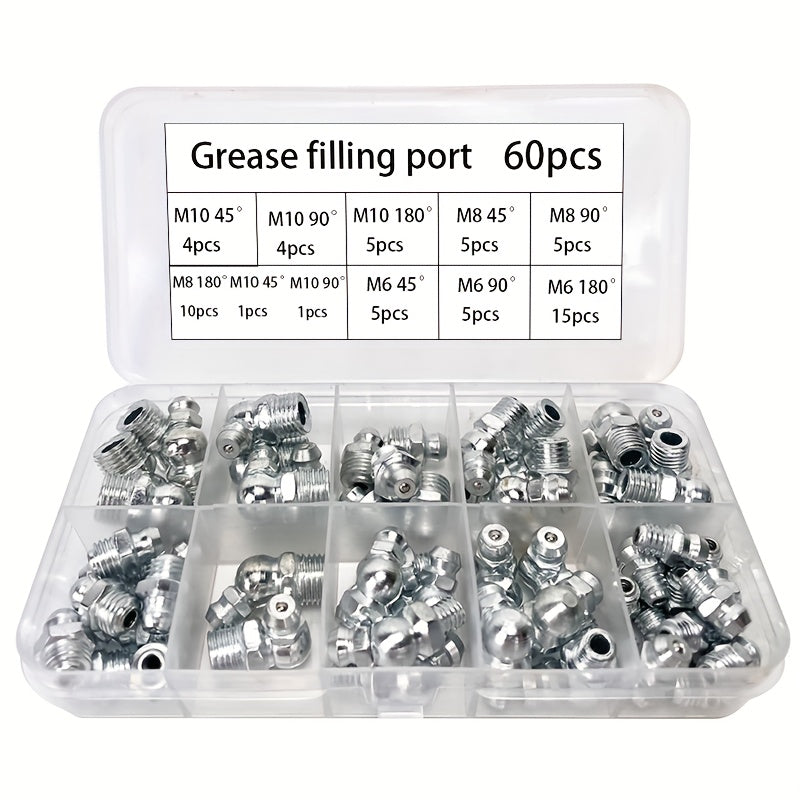 60 Pack M10 M8 M6 Straight Elbow Grease Fittings Universal Grease Gun Kit