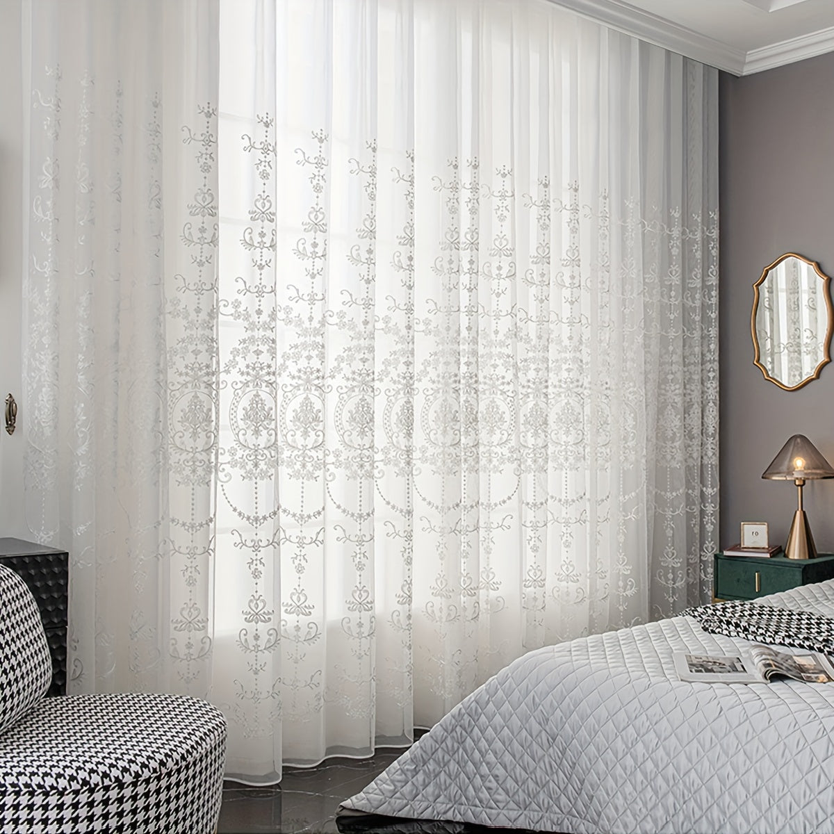 White Sheer Curtain with Geometric Flower Embroidery, Rod Pocket for Living Room Bedroom