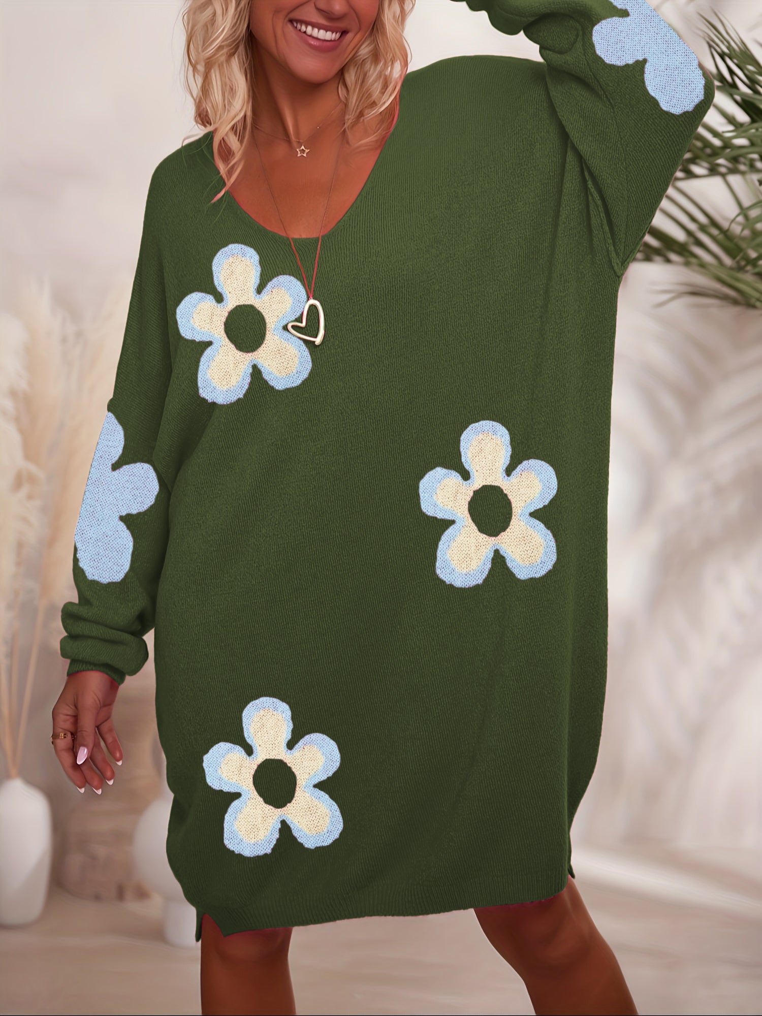 Plus Size Women's Floral Print V-Neck Sweater Knitwear All-Season Comfort