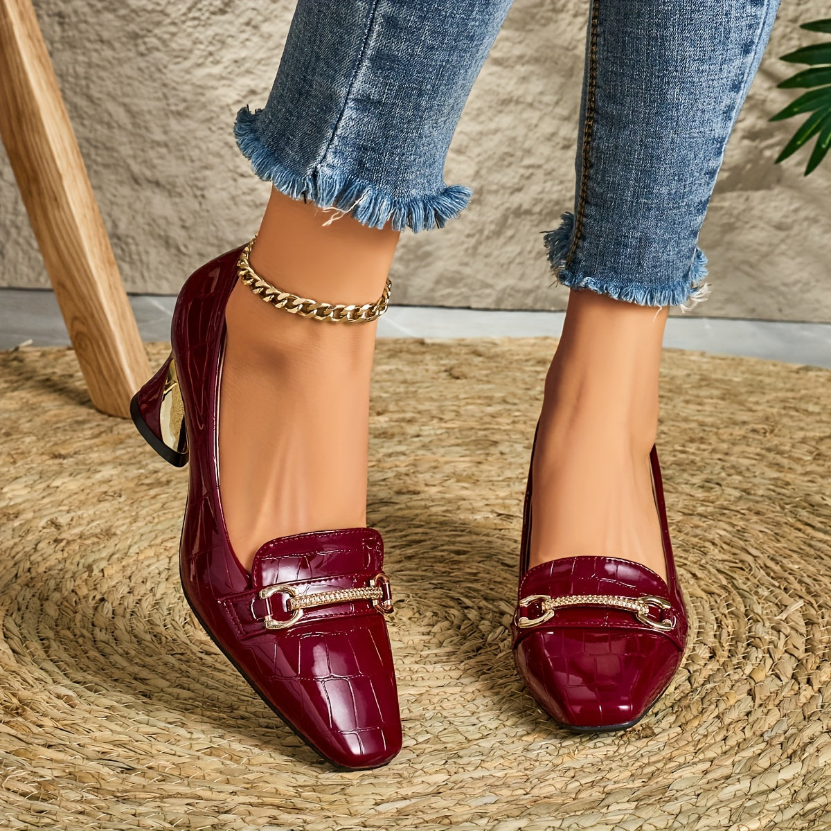 Women'S Square Toe High Heels Synthetic Embossed Gold Buckle