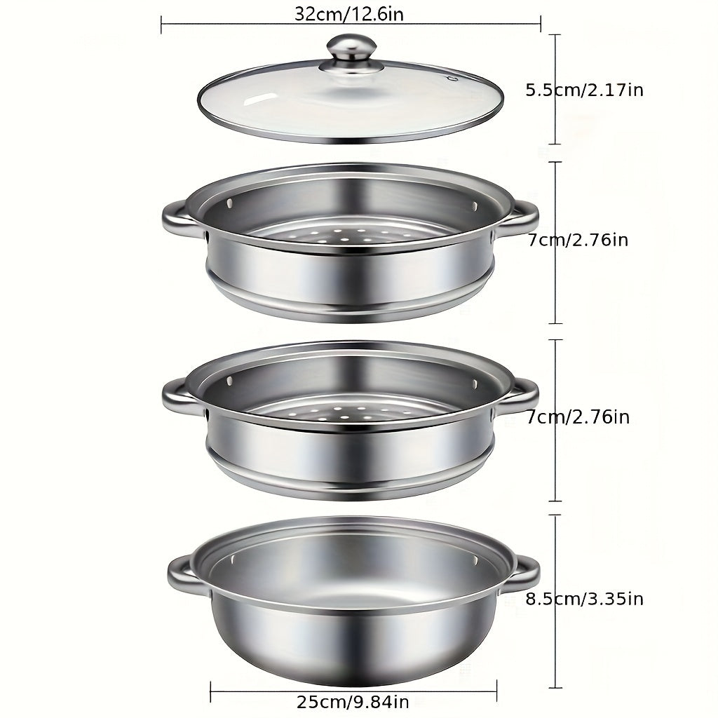 Stainless Steel Double-Layer Steamer Set with Glass Lid Large Heavy-Duty