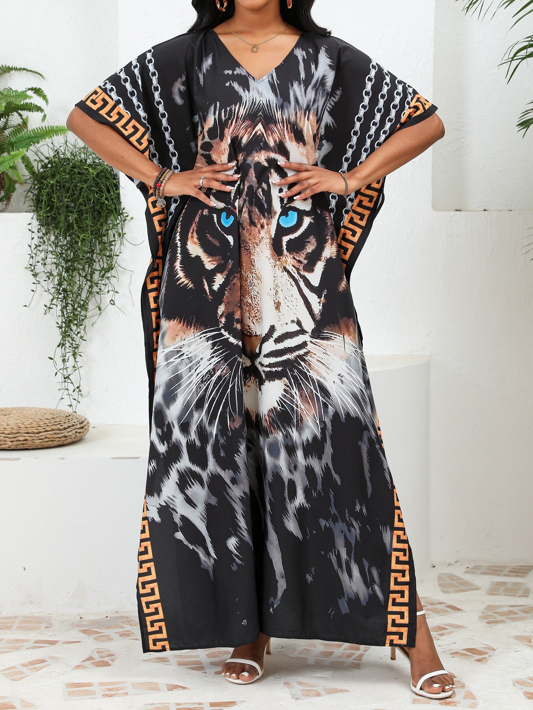 Плюс сайз тигровый принт V-образный вырез бохо накидка для осенних и зимних пляжных отпусков