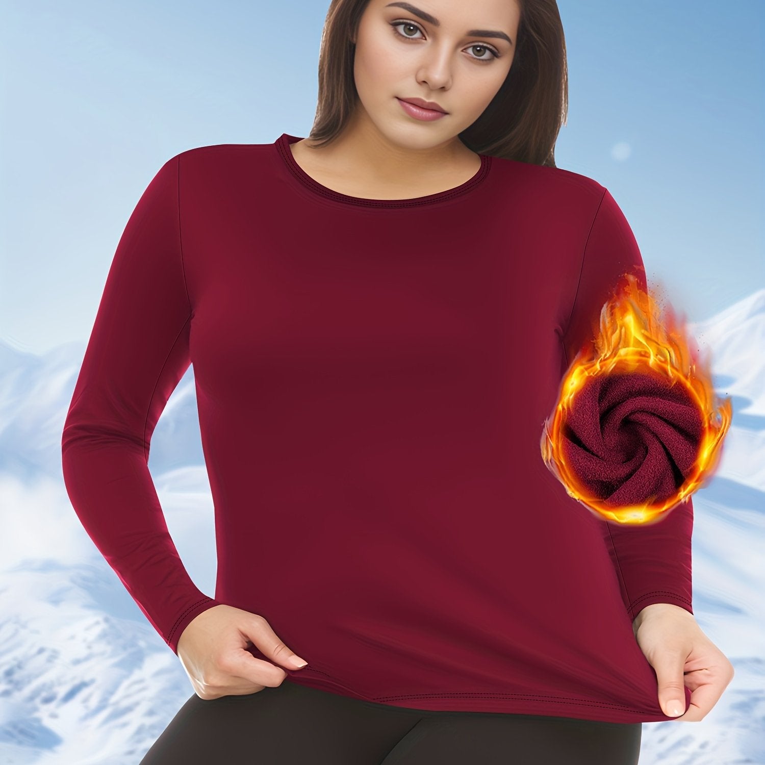 Plus Size Women's Wool-Lined Brushed Long Sleeve Thermal Top Solid Warm Underwear