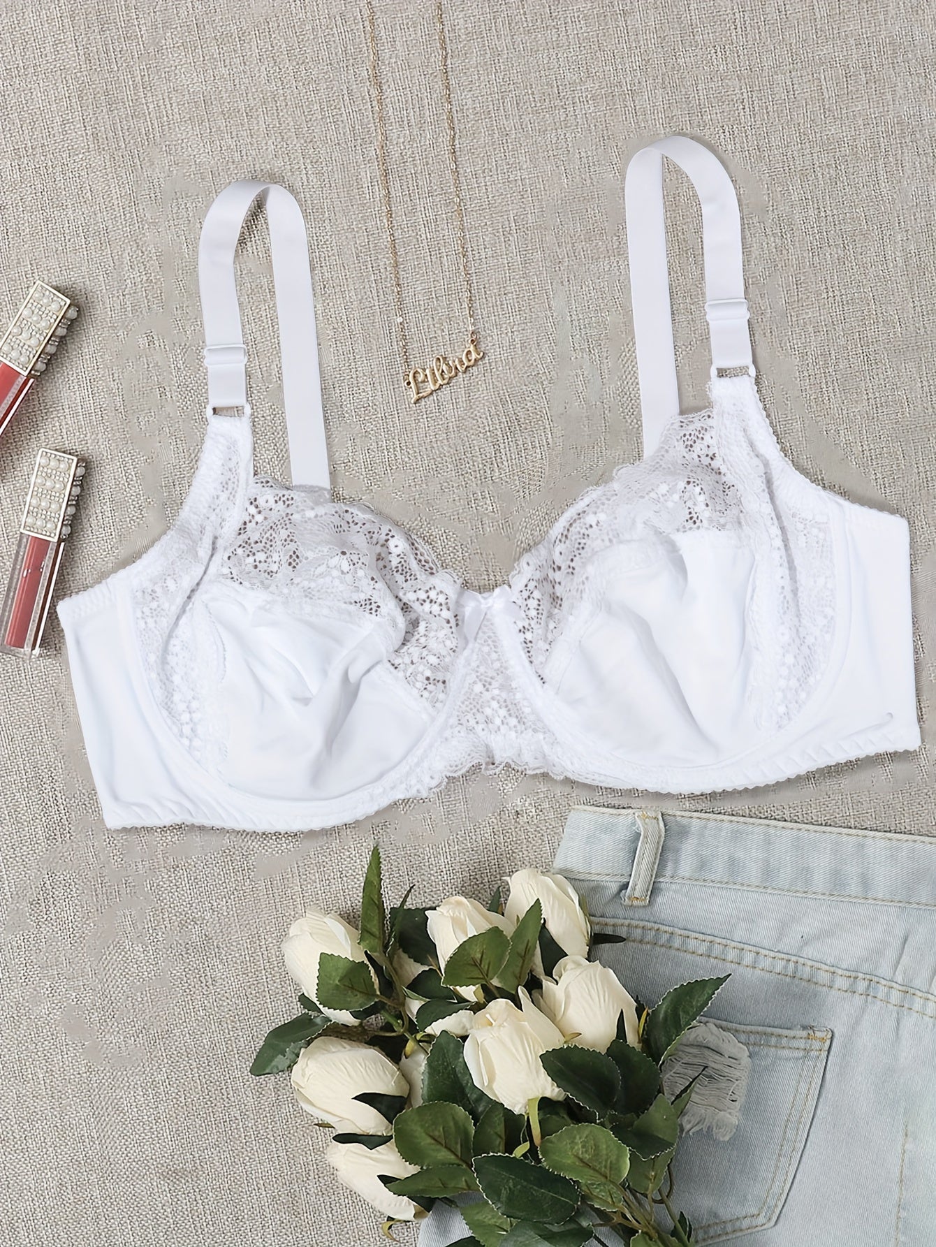 Sujetador de encaje de talla grande para mujer con estampado floral, sin aros, soporte de tela de punto de nylon