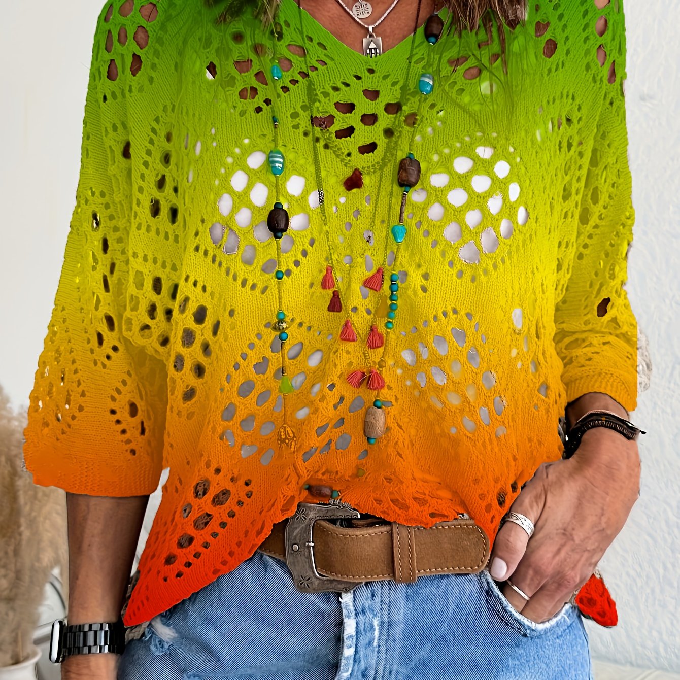 Women's Bohemian V-Neck Knit Top Spring Summer Colorful Gradient Lightweight