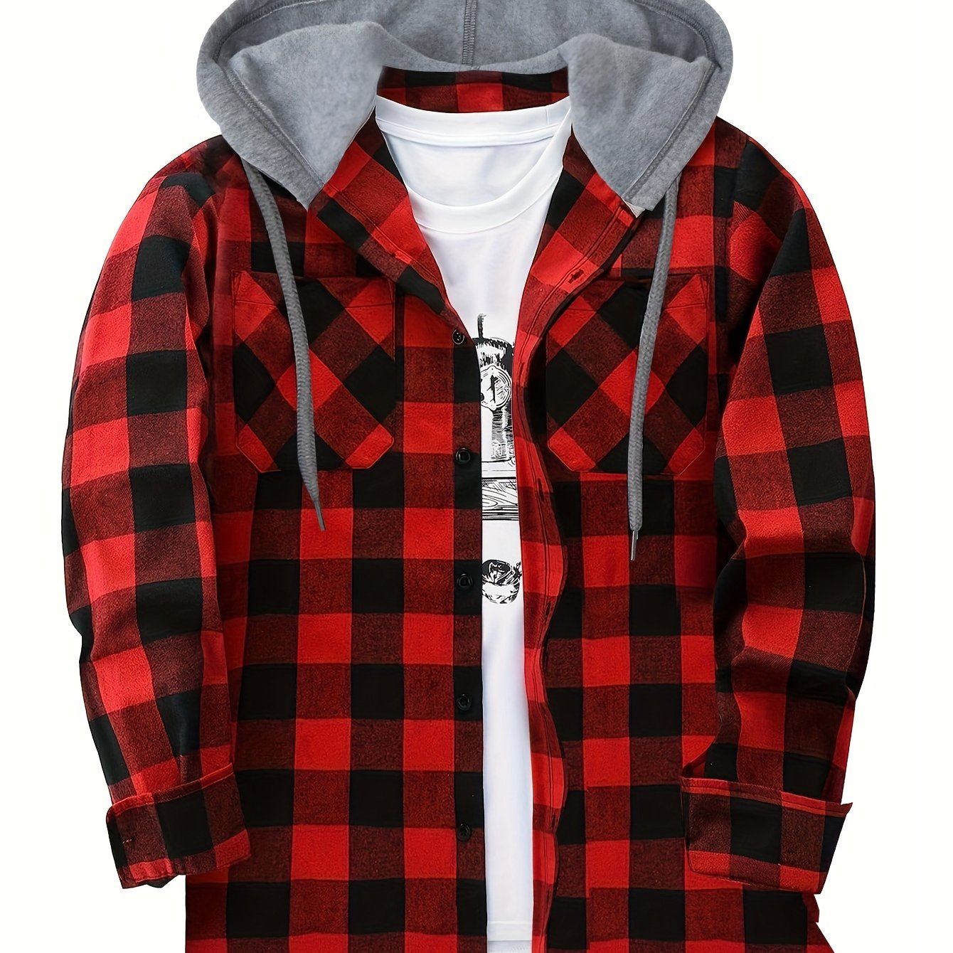 Men's Plaid Polyester Hooded Button-Up Jacket for Casual Sports Style