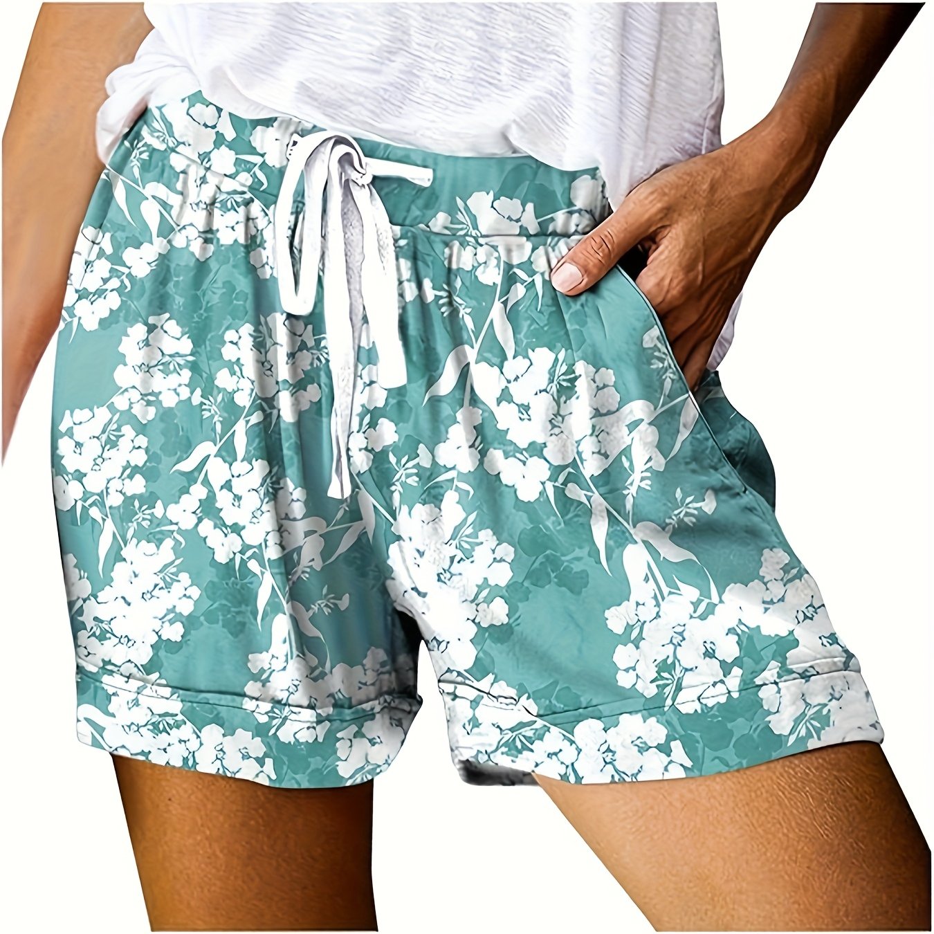 Women's Floral Print Casual Shorts Polyester Knit Drawstring Waist