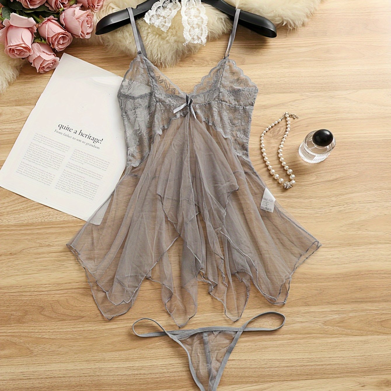 Women’s Sheer Mesh Lingerie Set with Knit Polyester Slip and Tulle Nightdress