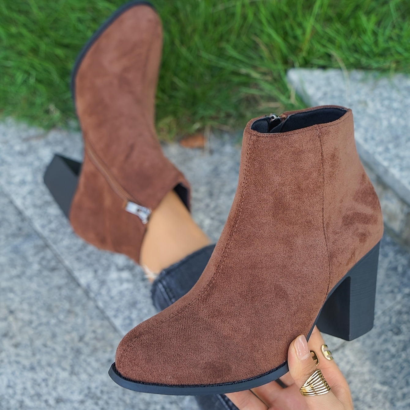 Women's Fabric Ankle Boots Side Zipper Round Toe Block Heel Solid Color