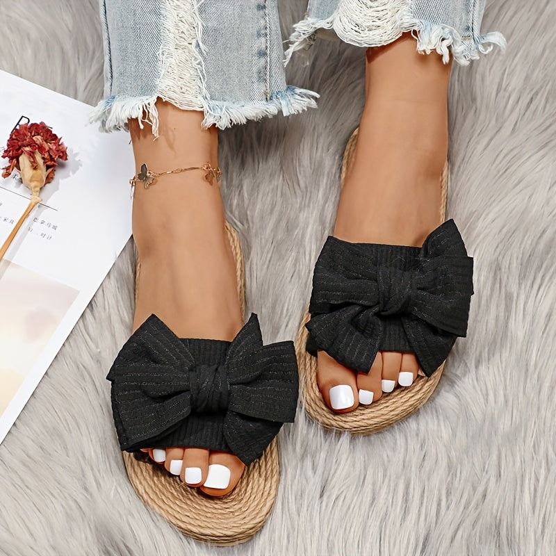 Women's Black Fabric Bowknot Slide Sandals for Summer Beach Casual