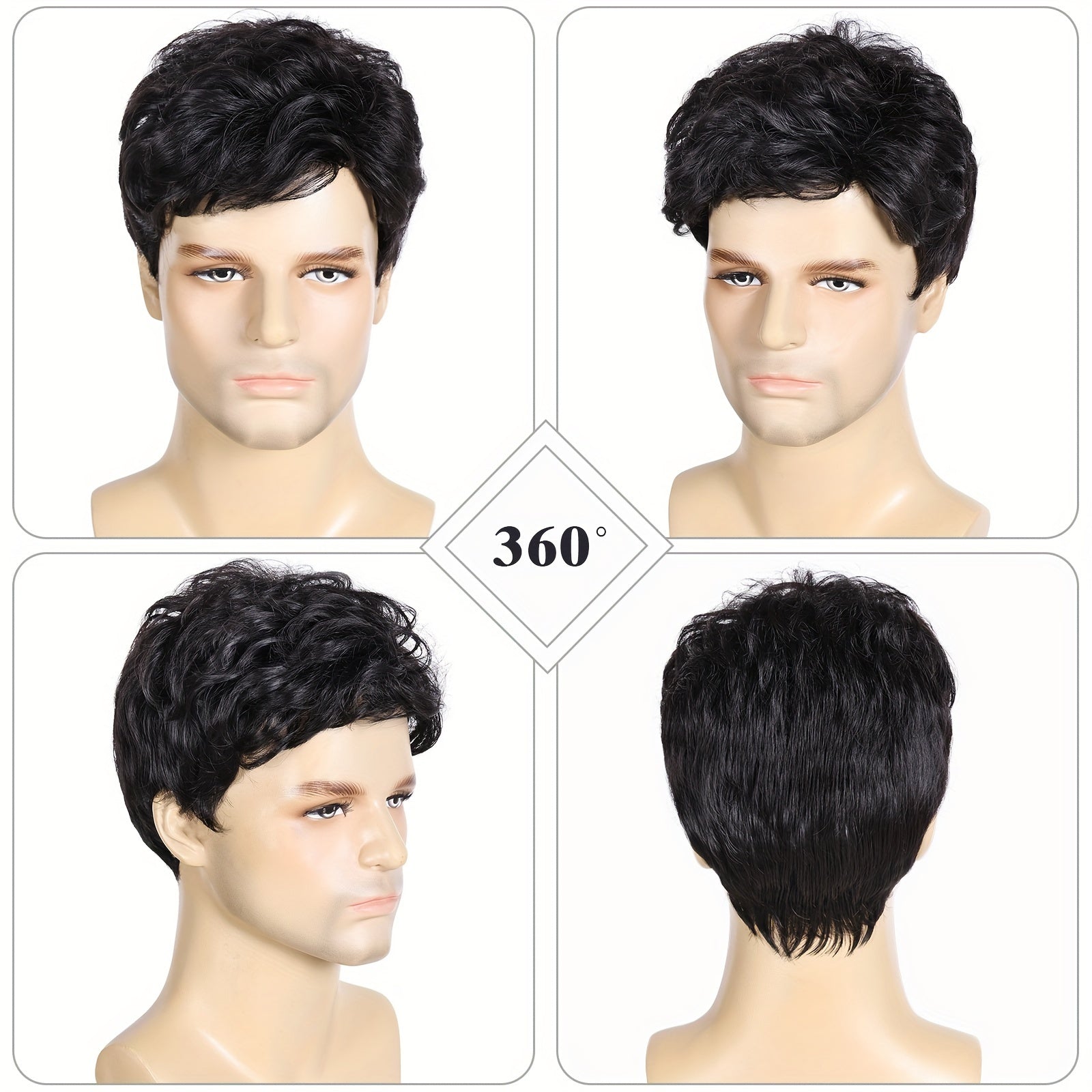 Black Men's Wig with Layered Natural Fluffy Synthetic Hair for Halloween Costumes