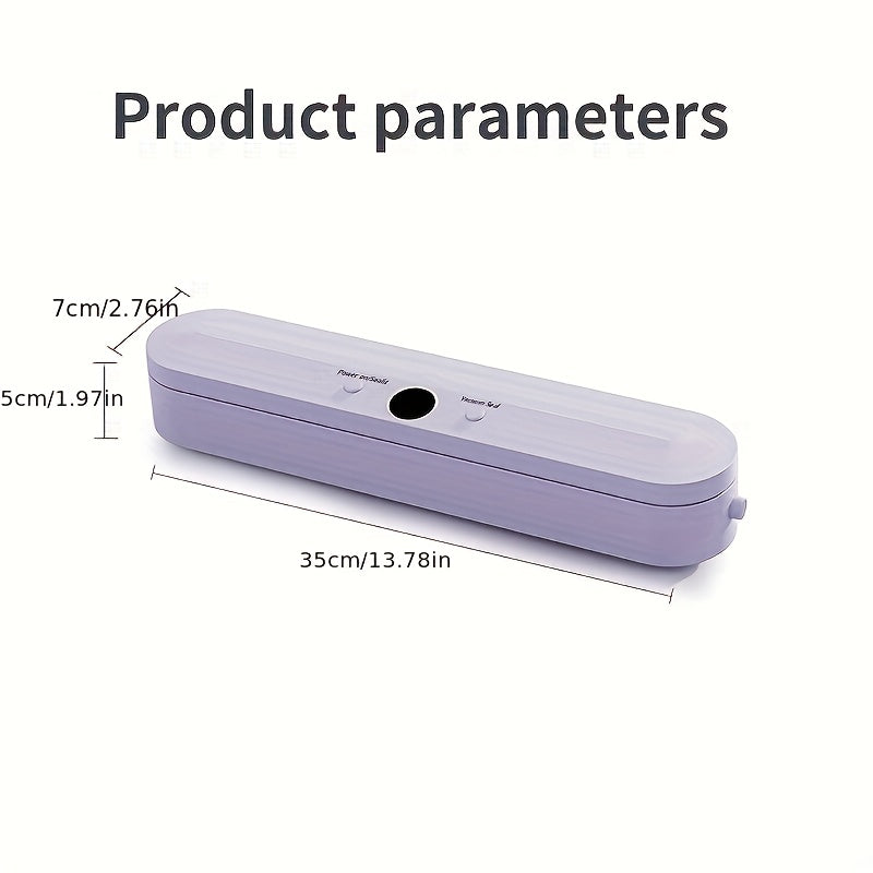 Перезаряжаемый USB-уплотнитель с литиевой батареей для системы сохранения продуктов. В комплект входит 5 штук сетчатых мешков размером 12x20 и 5 штук зип-лок мешков размером 20x25 для вакуумного хранения в фиолетовом/белом цвете.