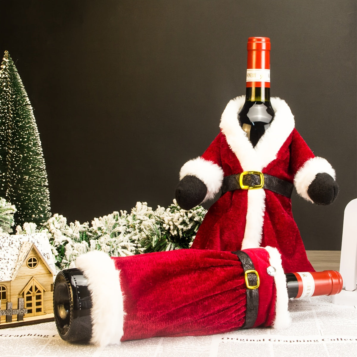 Christmas Holiday Decor Set with Gold Velvet Wine Bottle Cover and Plush Wine Bag