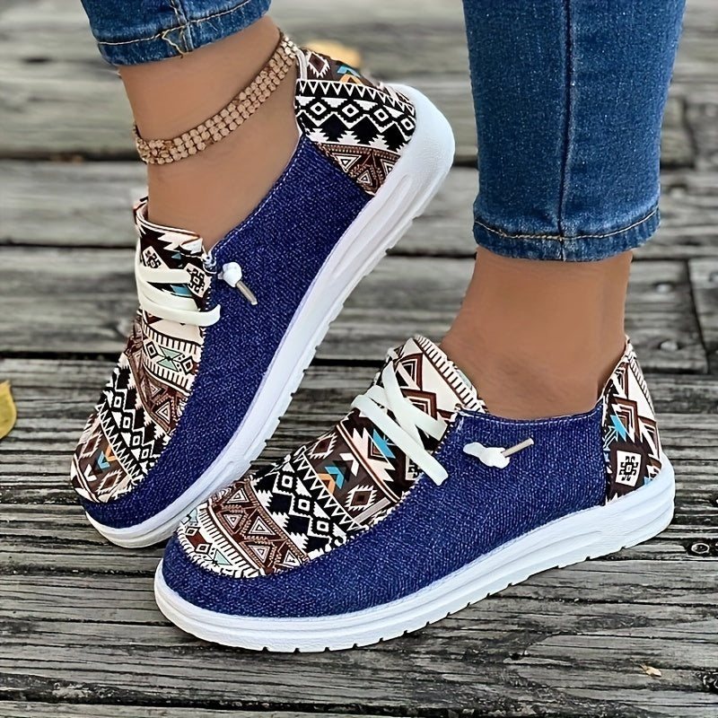 Women's Canvas Sneakers Casual Low Top Flat Shoes Lightweight Geometric Pattern