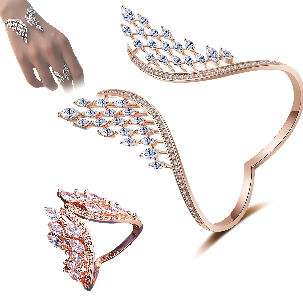 Angel Wing Jewelry Set with Engagement and Wedding Rings and Bracelets