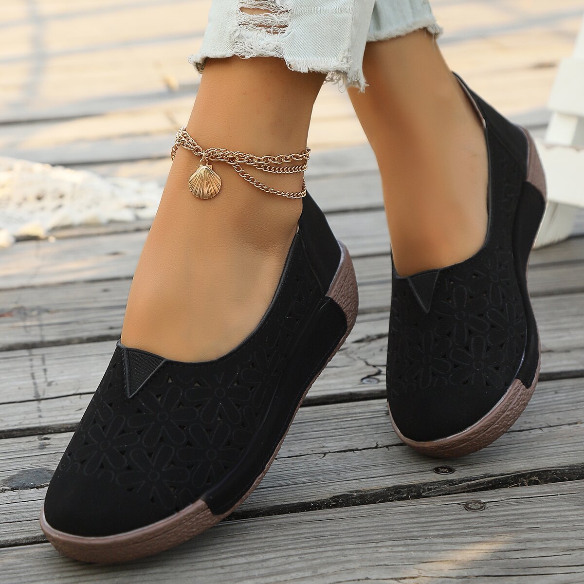 Women's Black Retro Penny Loafers Slip-On Cushioned Rubber Sole Formal Shoes