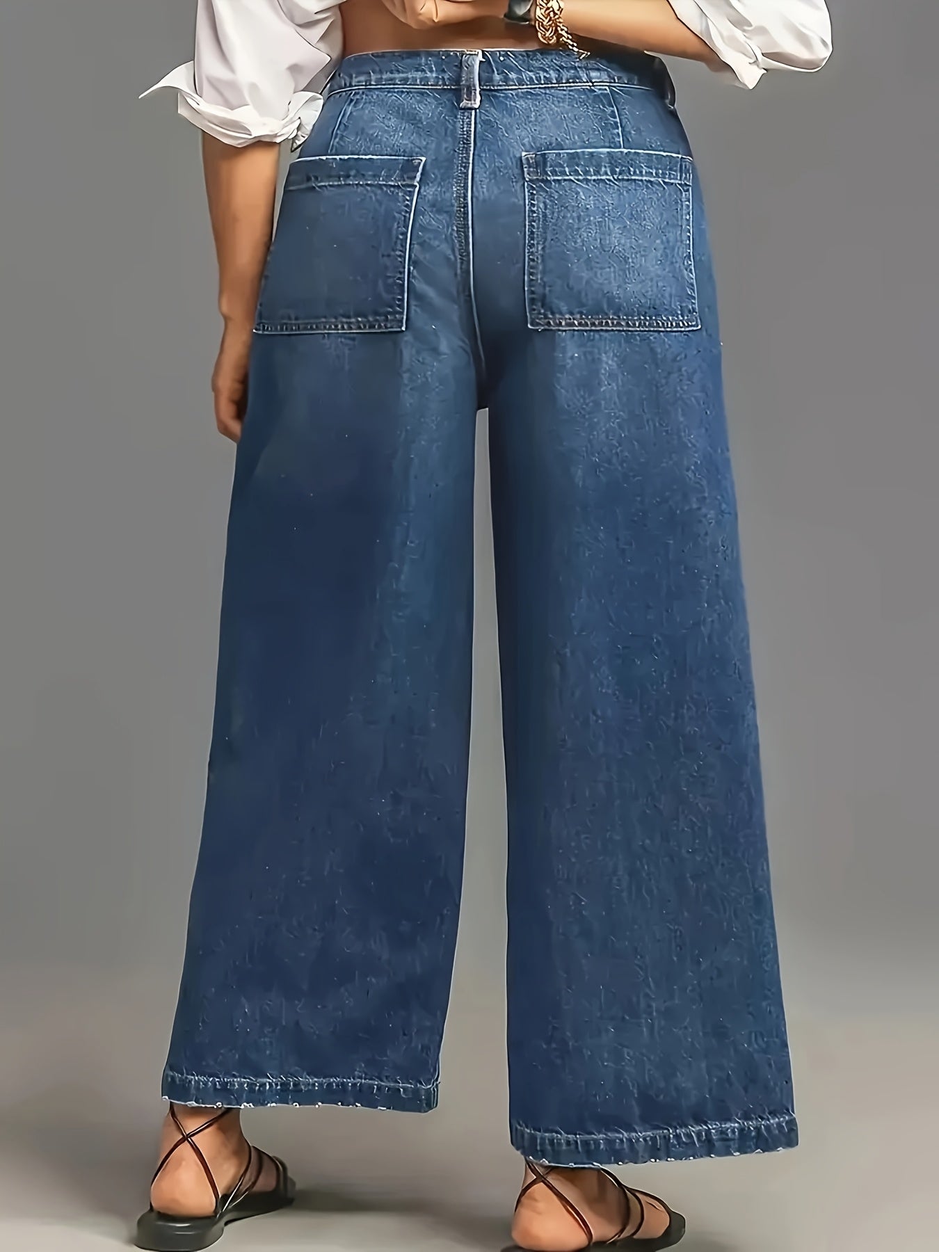 Women's High-Stretch Wide Leg Denim Jeans with Slash Pockets and Button Closure
