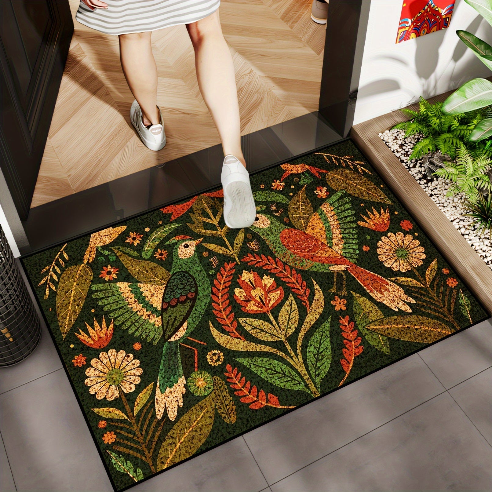 Green Bird Door Mat Non-Slip Washable Wear-Resistant Entryway Rug
