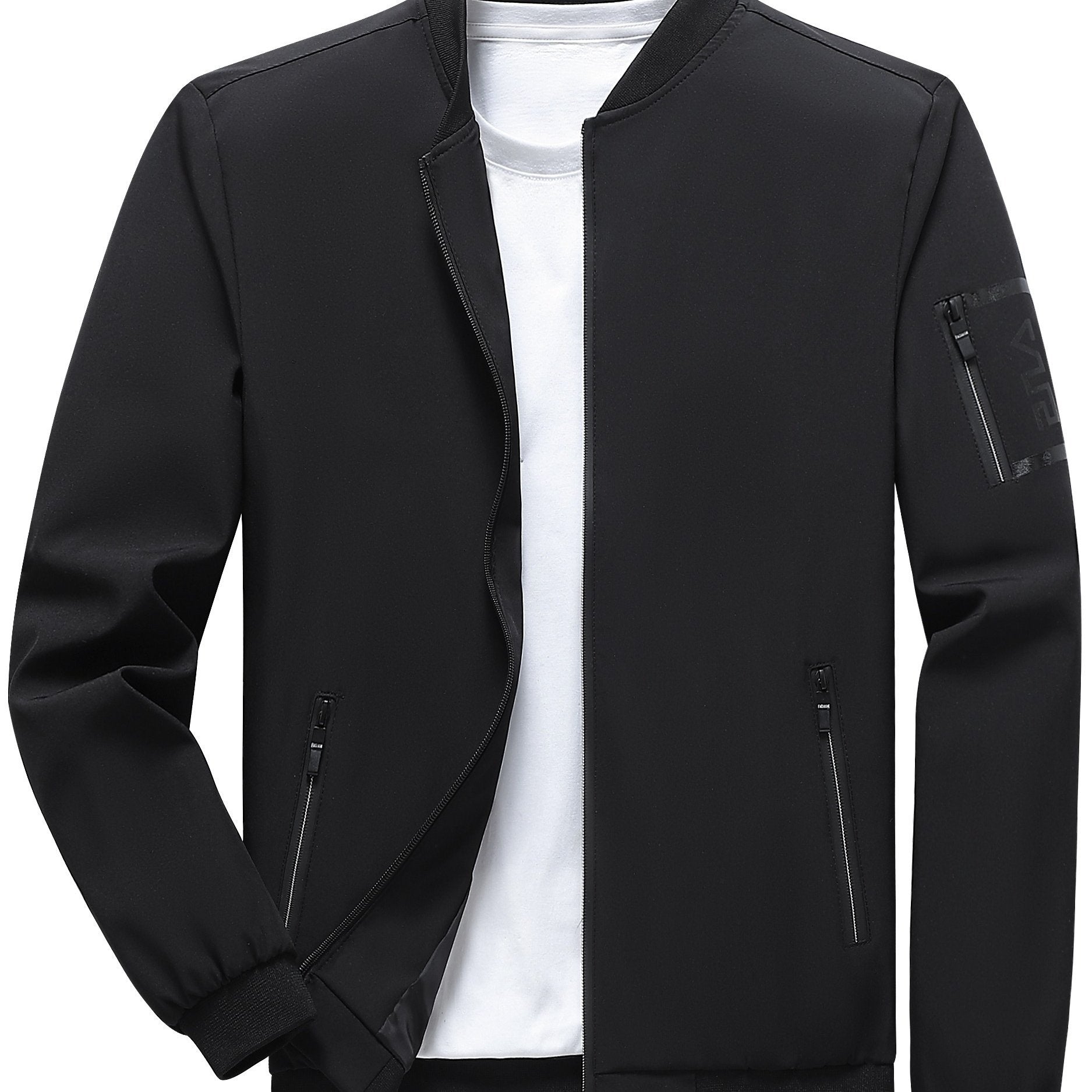 Erkaklar uchun zamonaviy kulrang va qora rangli blok-jaketi, beysbol yaka bilan. Yengil polyester, kuz uchun zip-up tashqi kiyim.