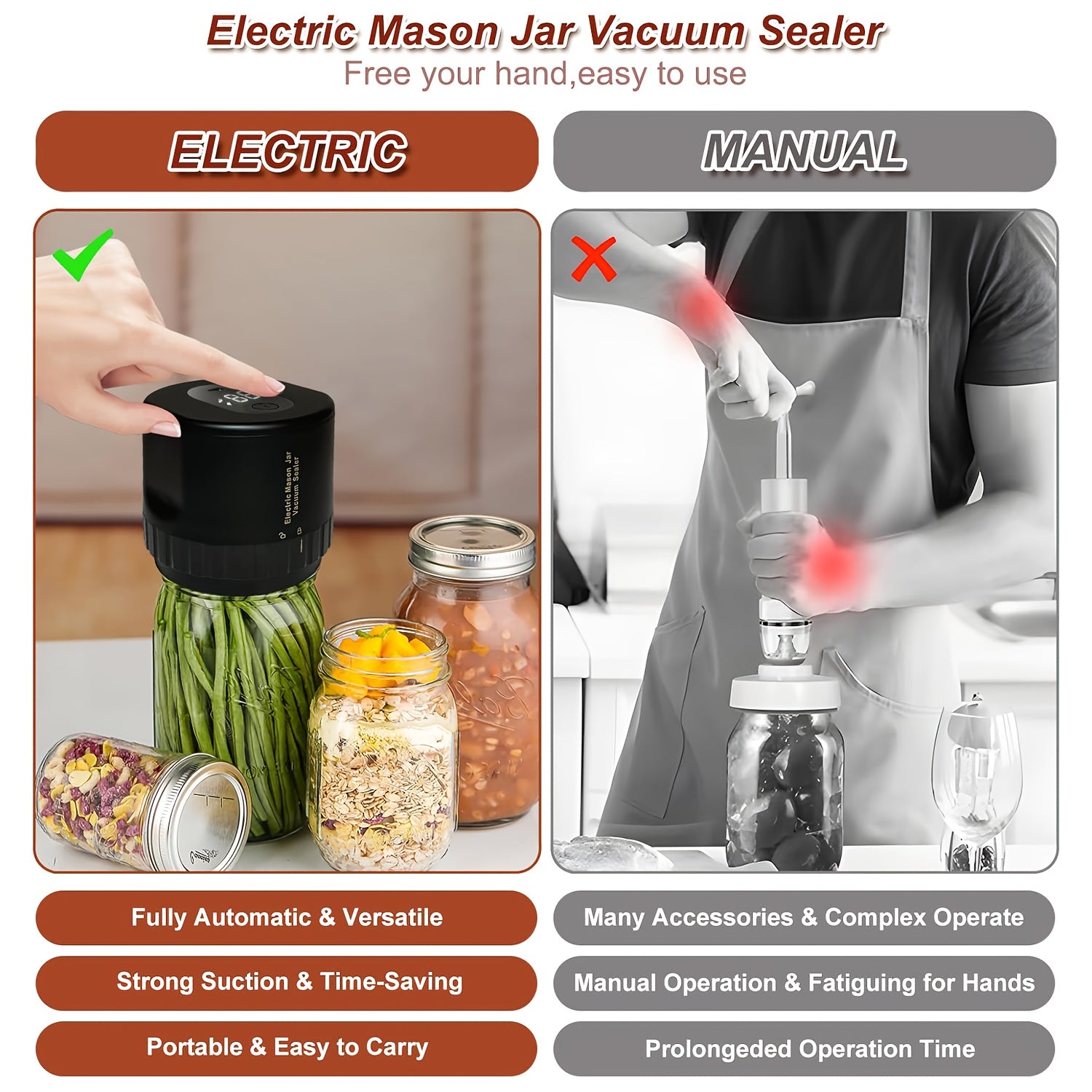 Sellador al vacío eléctrico para frascos de boca ancha y estrecha para almacenamiento de alimentos y fermentación