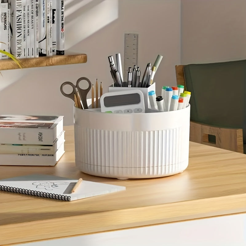 360° Rotating Cosmetic Organizer with Multiple Compartments and Pen Holder for Makeup and Skincare
