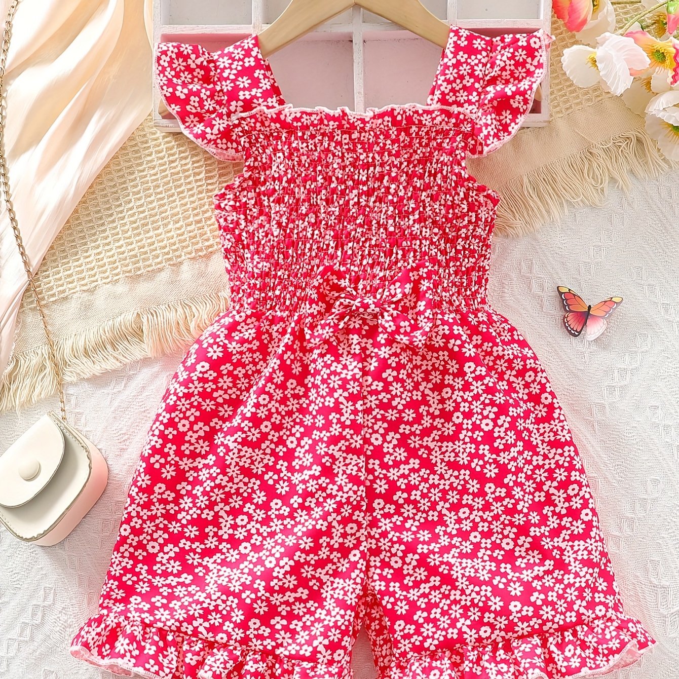 Girls Sleeveless Floral Jumpsuit with Ruffle and Bow for Summer Parties