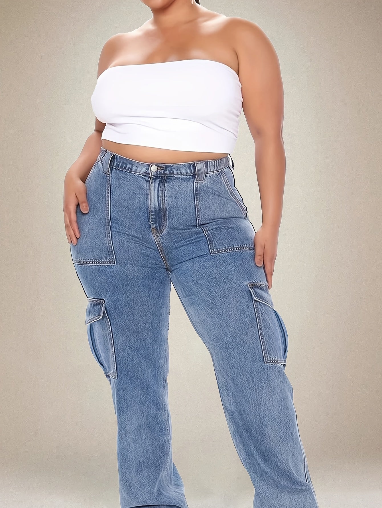 Women's Plus Size Denim Wide Leg Jeans Elastic Waist Multi Pocket Solid Color