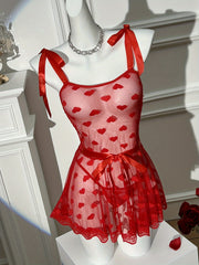 Red Sheer Mesh Lace-Up Lingerie Dress with Thong Heart Pattern Drop Waist No Padding