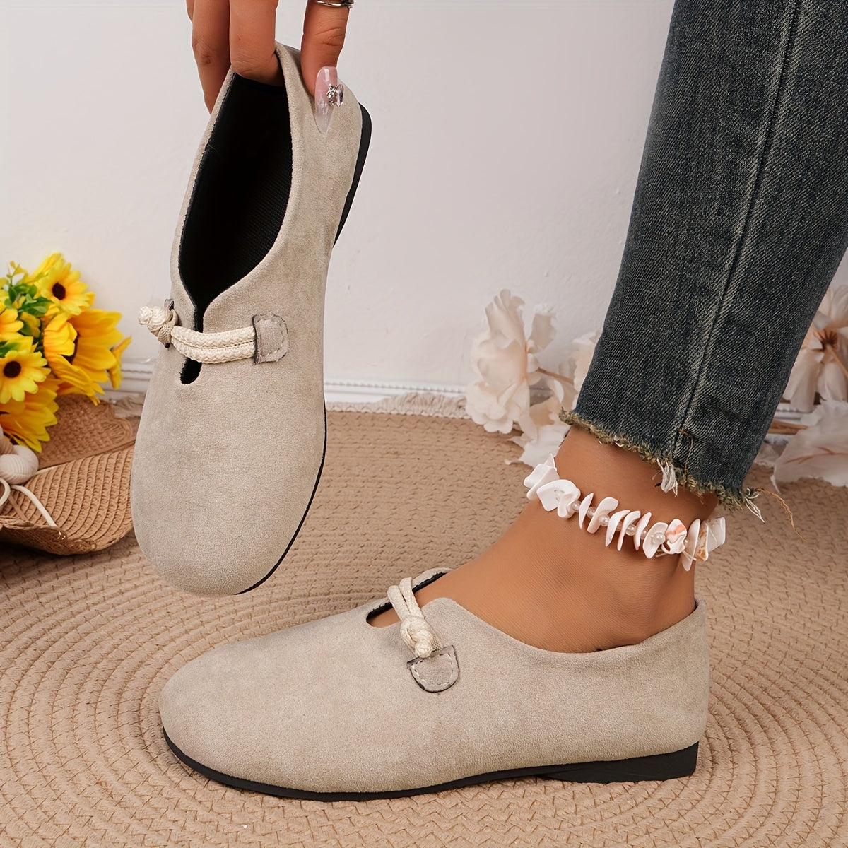 Zapatos planos de tela para mujer, slip-on, casual, de punta redonda, color negro, para todas las estaciones