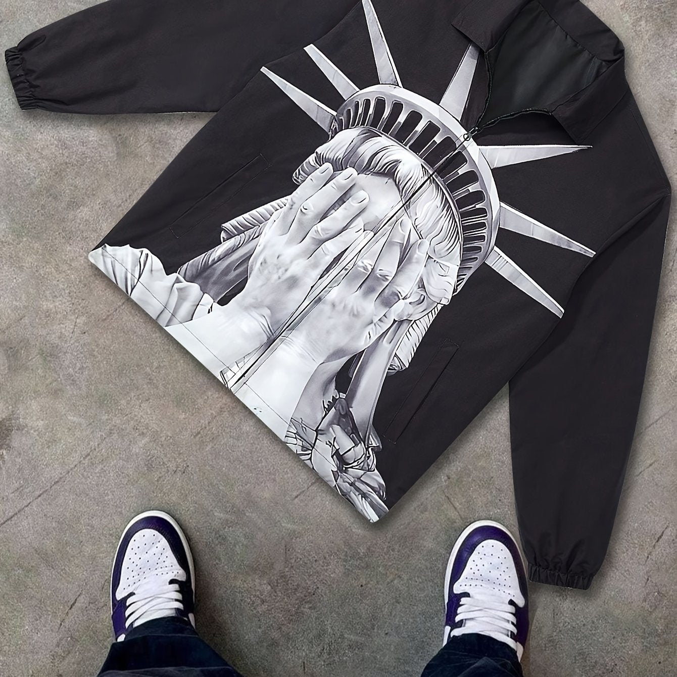 Men's Printed Hoodie with American Style Polyester Long Sleeve Casual Zipper Pocket